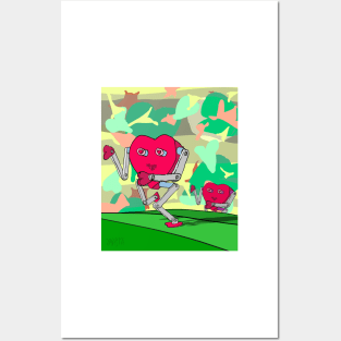 Cardio. Two heart-shaped robots out for jog in a bright landscape. Love is in the air. Posters and Art